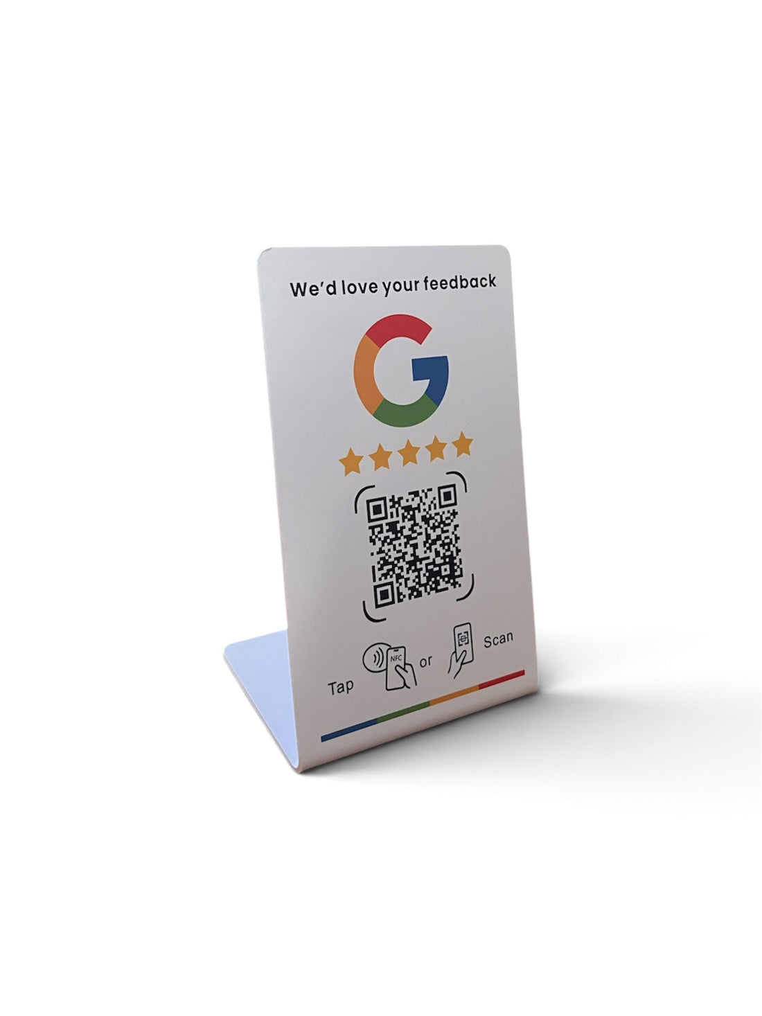 Expositor de sobremesa SolveFixes con NFC y código QR para reseñas de Google